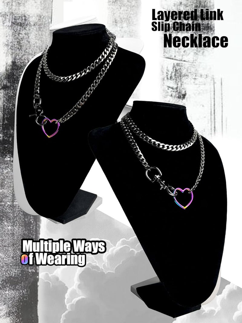 paloli Women's Slip Chain Rainbow Heart O-Ring Chunky Chain Necklace, Rays Cuban Long Layered Jewelry, Adjustable Lariat Y-Necklace Heart Loop Choker - Image 4